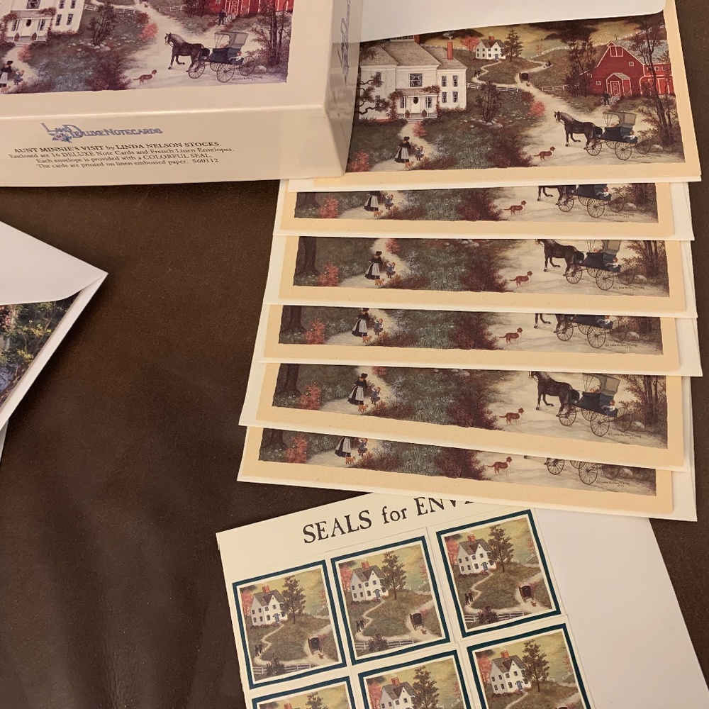 Note Cards (6) Linda Nelson Stocks “Aunt Minnie’s Visit, + (4) Kinkade cards
